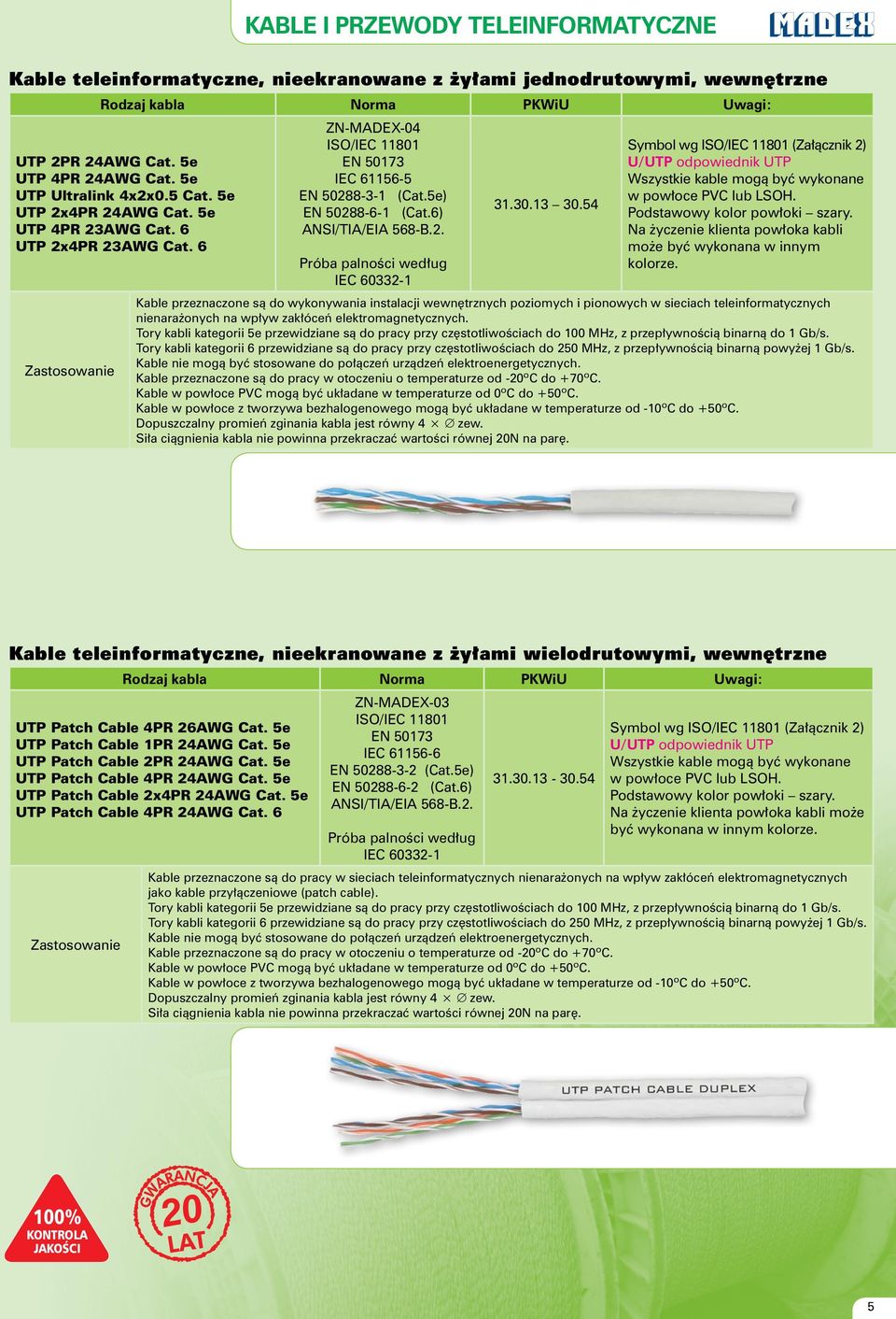 30.13 30.54 wg ISO/IEC 11801 (Za àcznik 2) U/UTP odpowiednik UTP Wszystkie kable mogà byç wykonane w pow oce PVC lub LSOH. Podstawowy kolor pow oki szary.