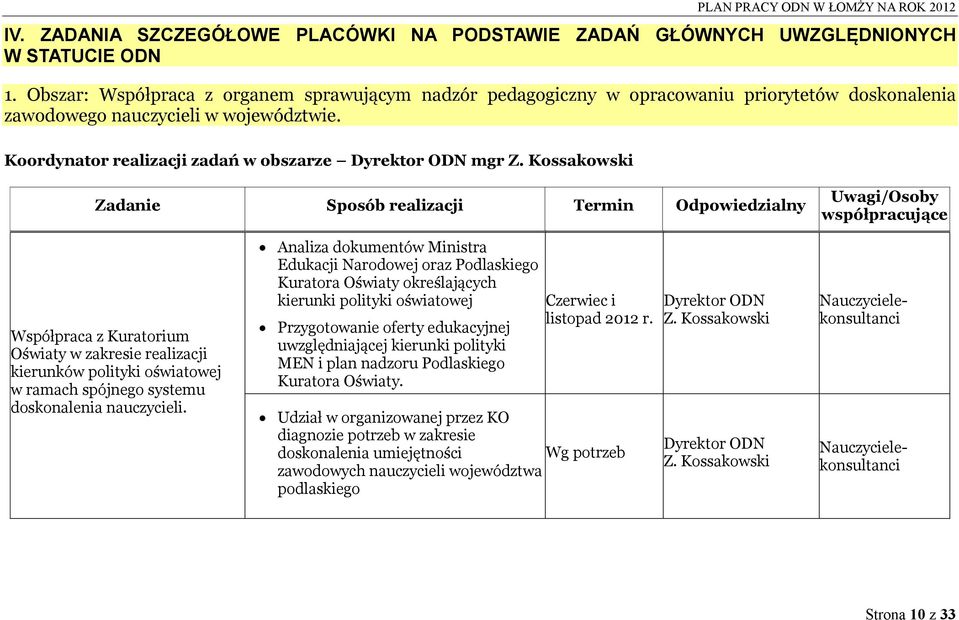 Kossakowski Współpraca z Kuratorium Oświaty w zakresie realizacji kierunków polityki oświatowej w ramach spójnego systemu doskonalenia nauczycieli.