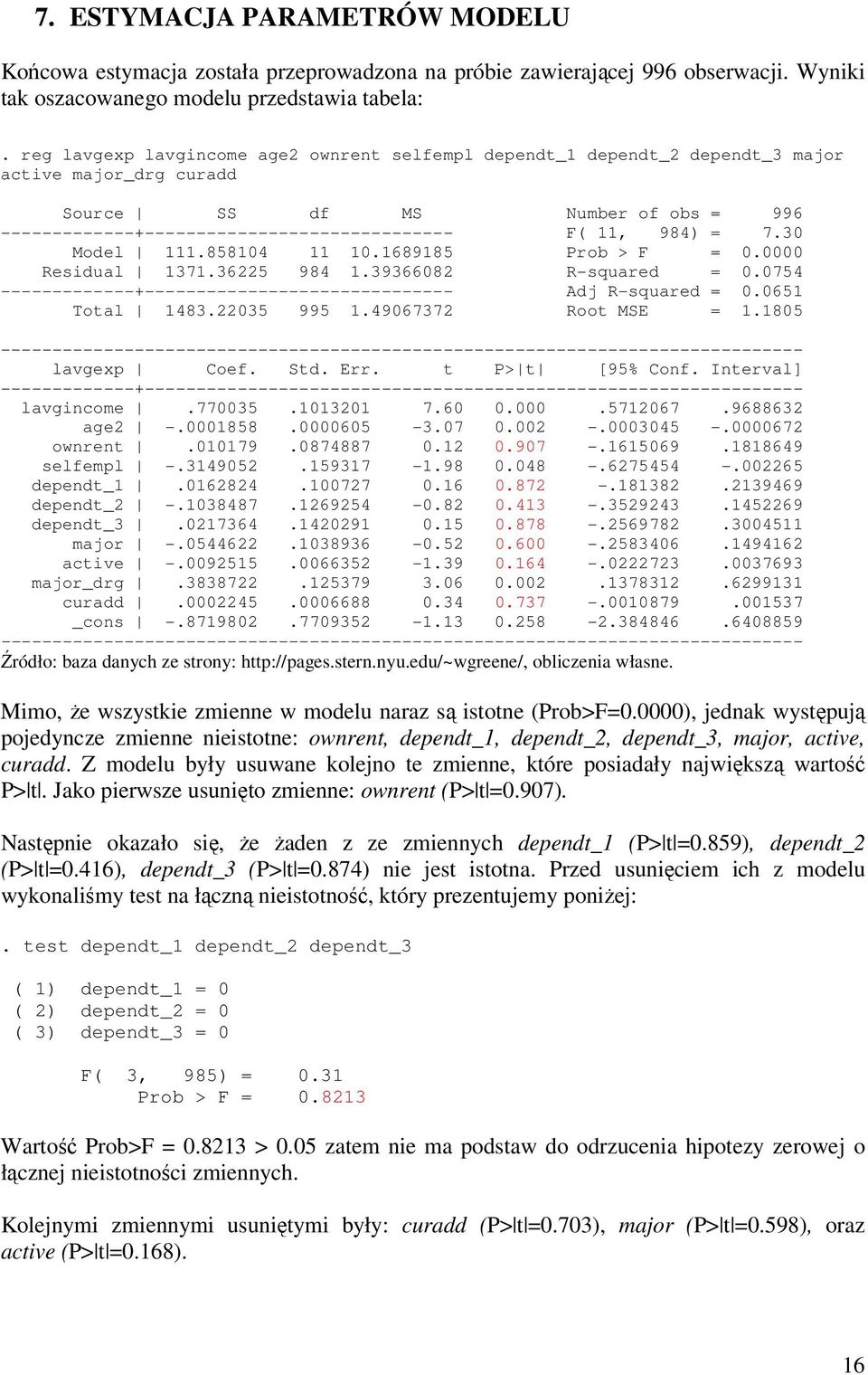 7.30 Model 111.858104 11 10.1689185 Prob > F = 0.0000 Residual 1371.36225 984 1.39366082 R-squared = 0.0754 -------------+------------------------------ Adj R-squared = 0.0651 Total 1483.22035 995 1.