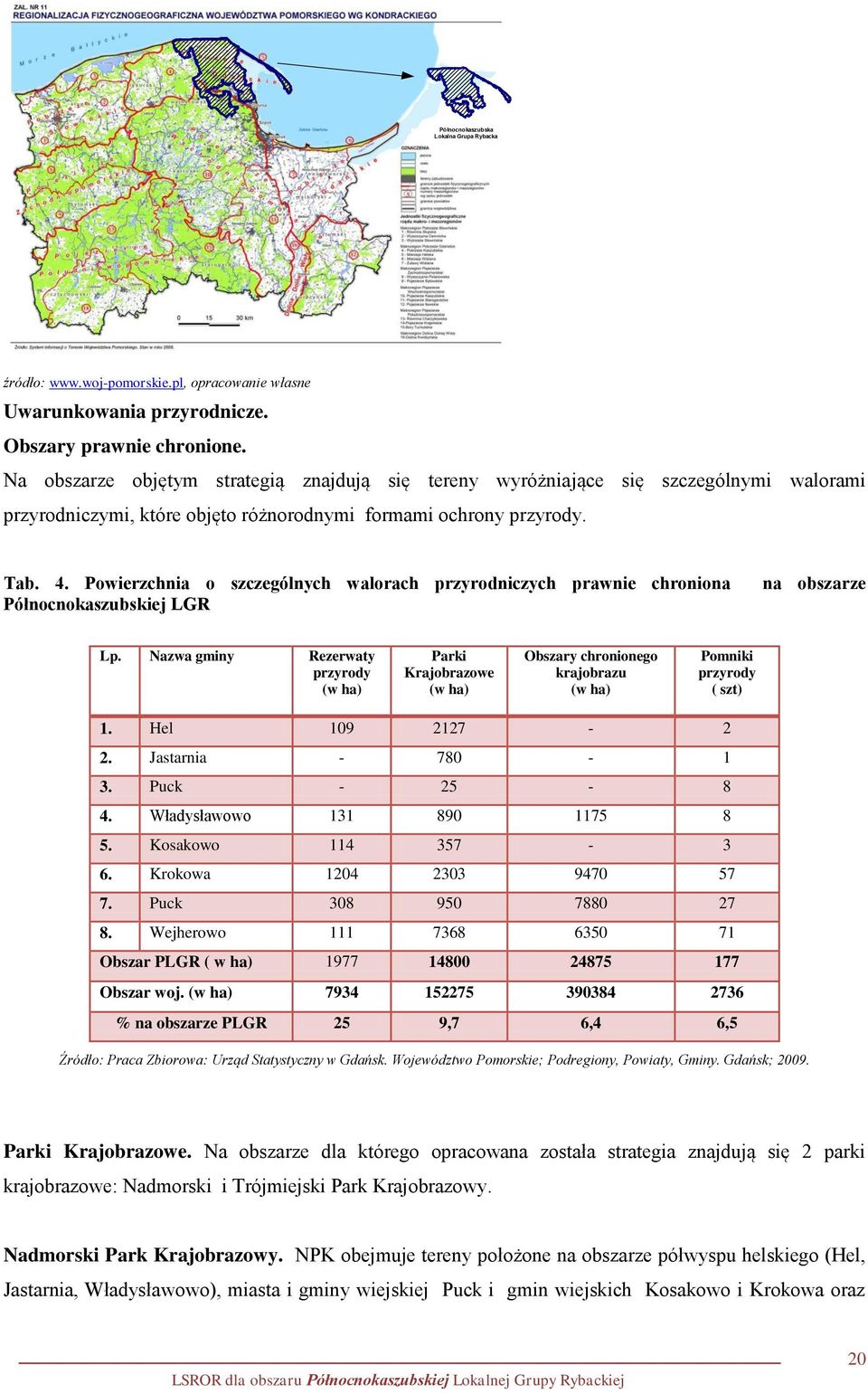 Powierzchnia o szczególnych walorach przyrodniczych prawnie chroniona Północnokaszubskiej LGR na obszarze Lp.