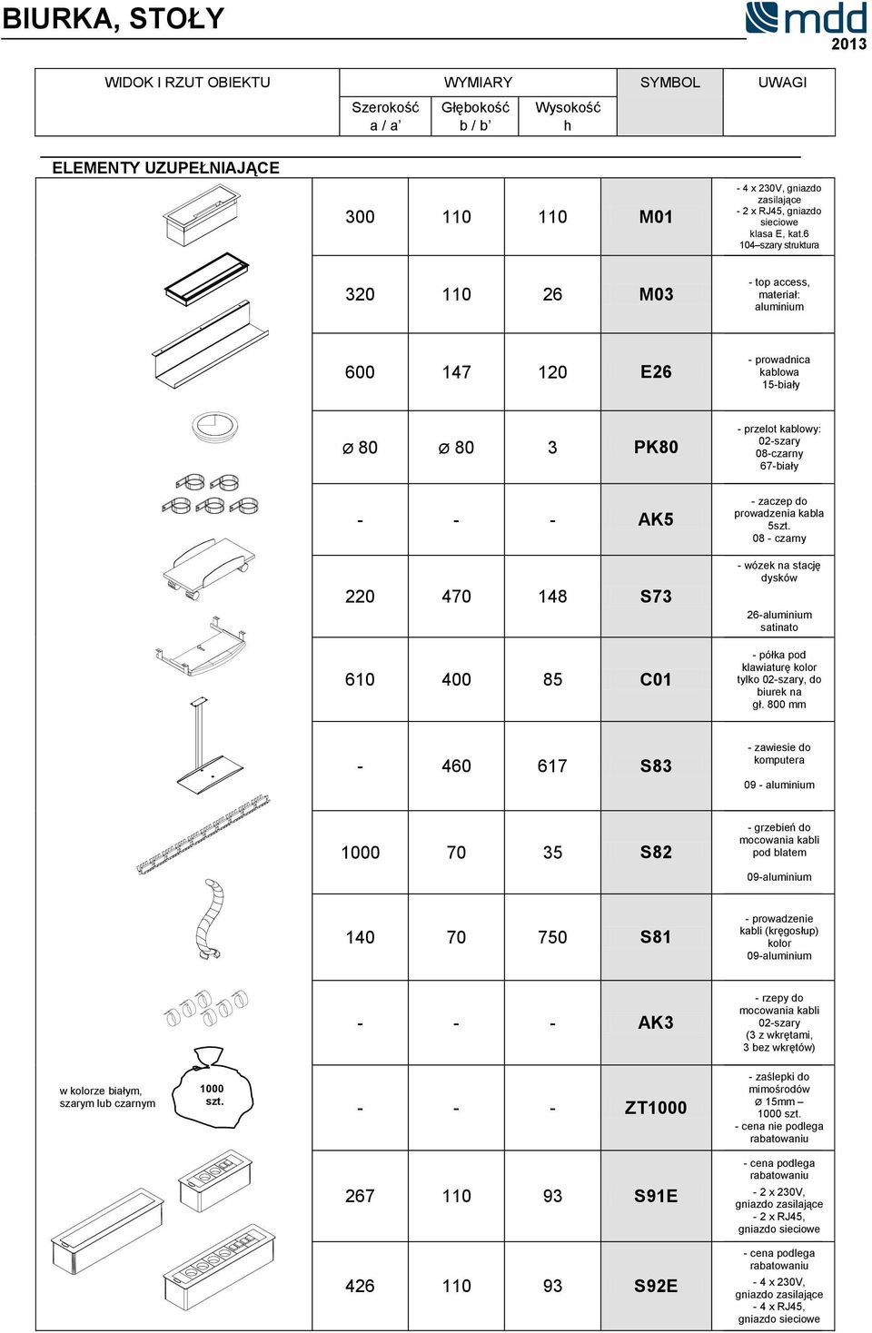 do prowadzenia kabla 5szt 08 - czarny - wózek na stację dysków 26-aluminium satinato - półka pod klawiaturę kolor tylko 02-szary, do biurek na gł 800 mm - 460 617 S83 - zawiesie do komputera 09 -