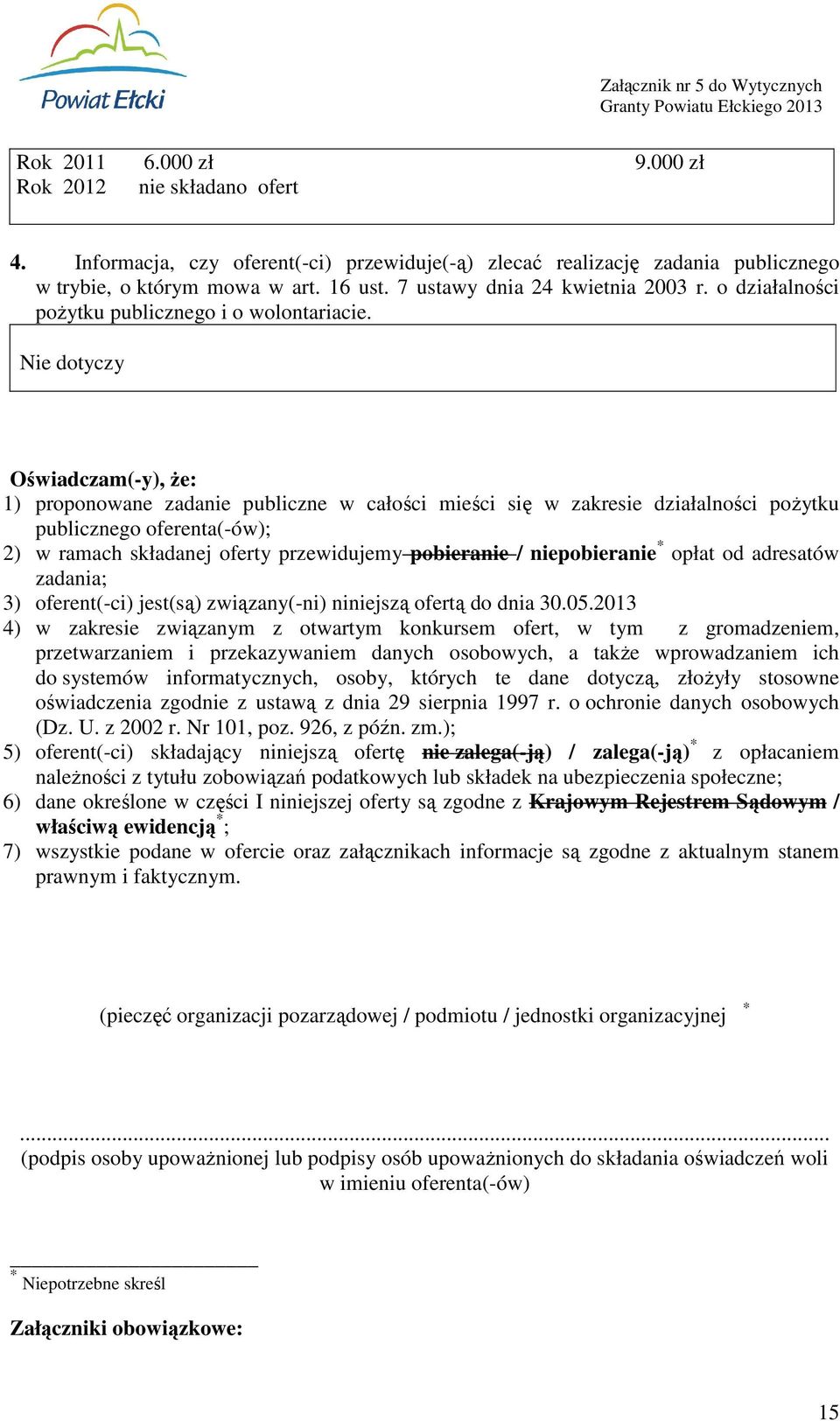 Nie dotyczy Oświadczam(-y), że: 1) proponowane zadanie publiczne w całości mieści się w zakresie działalności pożytku publicznego oferenta(-ów); 2) w ramach składanej oferty przewidujemy pobieranie /