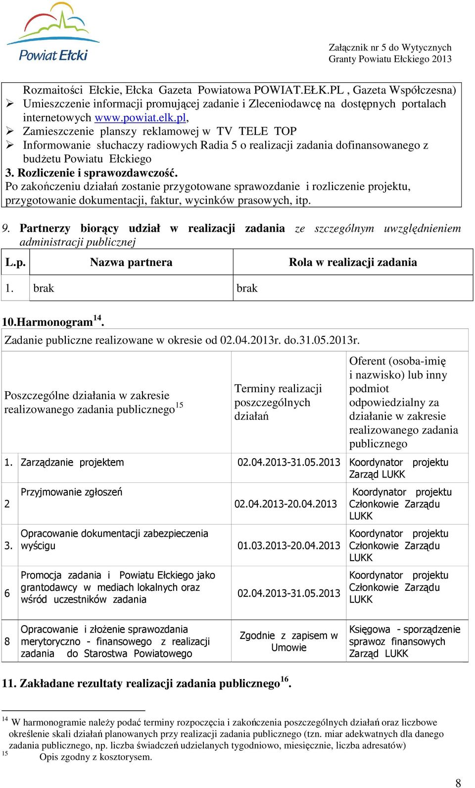 Po zakończeniu działań zostanie przygotowane sprawozdanie i rozliczenie projektu, przygotowanie dokumentacji, faktur, wycinków prasowych, itp. 9.