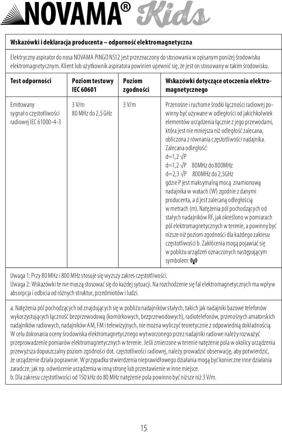 Test odporności Poziom testowy IEC 60601 Poziom zgodności Wskazówki dotyczące otoczenia elektromagnetycznego Emitowany sygnał o częstotliwości radiowej IEC 61000-4-3 3 V/m 80 MHz do 2,5 GHz 3 V/m