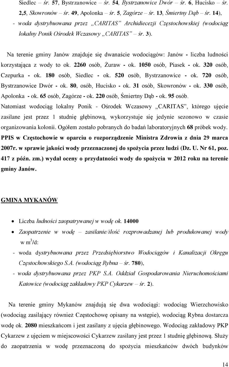 Na terenie gminy Janów znajduje się dwanaście wodociągów: Janów - liczba ludności korzystająca z wody to ok. 2260 osób, Żuraw - ok. 1050 osób, Piasek - ok. 320 osób, Czepurka - ok.