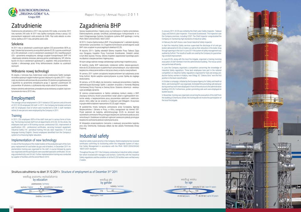 Szkolenia W 2011 roku w szkoleniach uczestniczyło ogółem 233 pracowników (92% załogi). Szkoleni byli pracownicy ze wszystkich pionów EC ZG.