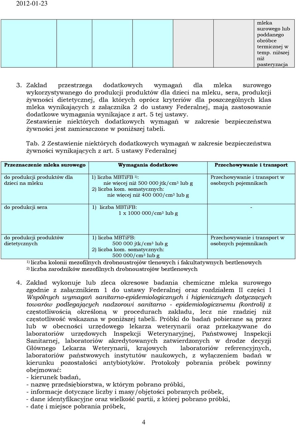 poszczególnych klas mleka wynikających z załącznika 2 do ustawy Federalnej, mają zastosowanie dodatkowe wymagania wynikające z art. 5 tej ustawy.