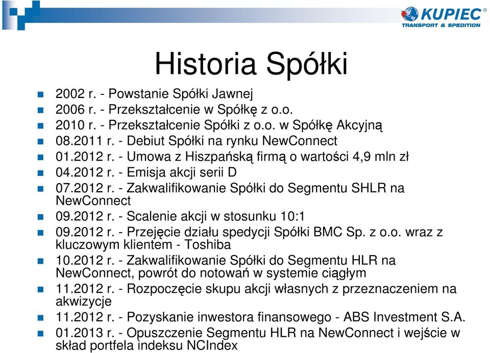 2012 r. - Przejęcie działu spedycji Spółki BMC Sp. z o.o. wraz z kluczowym klientem - Toshiba 10.2012 r. - Zakwalifikowanie Spółki do Segmentu HLR na NewConnect, powrót do notowań w systemie ciągłym 11.