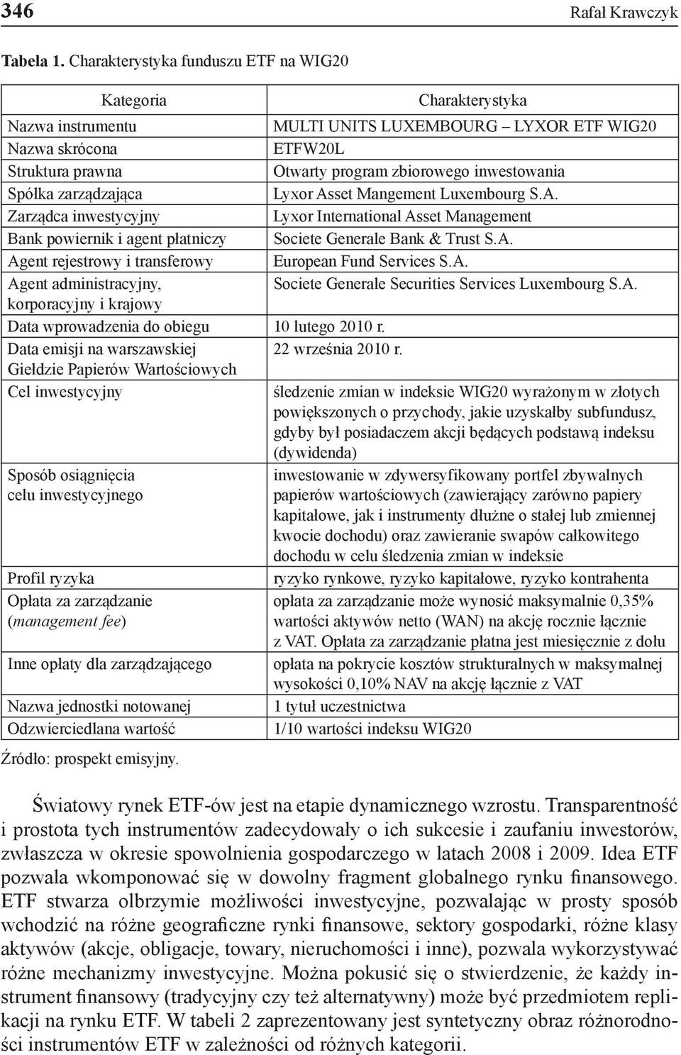 inwestowania Spółka zarządzająca Lyxor Asset Mangement Luxembourg S.A. Zarządca inwestycyjny Lyxor International Asset Management Bank powiernik i agent płatniczy Societe Generale Bank & Trust S.A. Agent rejestrowy i transferowy European Fund Services S.