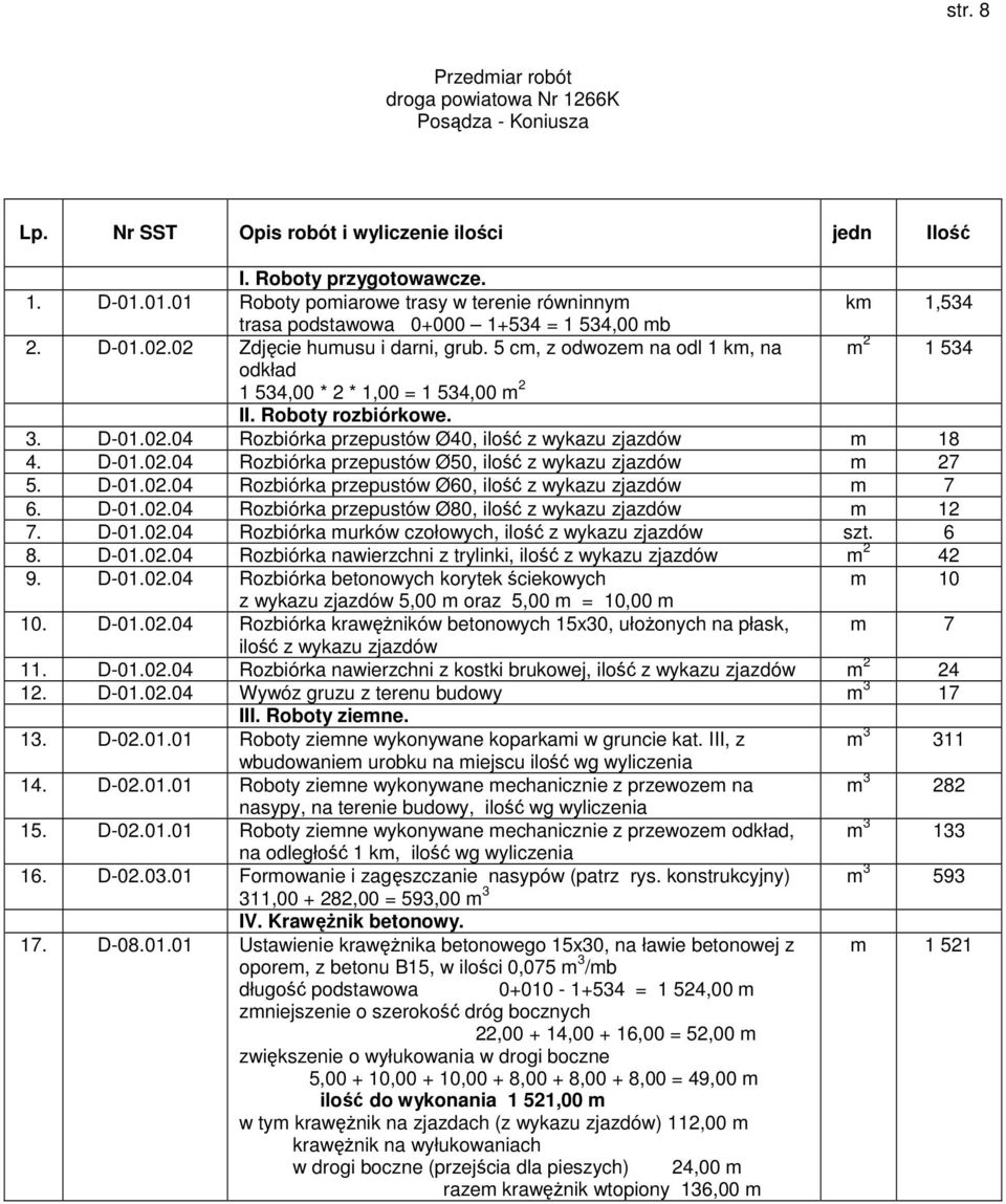 5 cm, z odwozem na odl 1 km, na m 2 1 534 odkład 1 534,00 * 2 * 1,00 = 1 534,00 m 2 II. Roboty rozbiórkowe. 3. D-01.02.04 Rozbiórka przepustów Ø40, ilość z wykazu zjazdów m 18 4. D-01.02.04 Rozbiórka przepustów Ø50, ilość z wykazu zjazdów m 27 5.