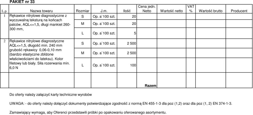 240 mm grubość rękawicy 0,06-0,10 mm (bardzo elastyczne zbliżone właściwościami do lateksu). Kolor filetowy lub biały. Siła rozerwania min. 6,0 N S Op. a`100 szt. 2 500 M Op. a`100 szt. 2 500 L Op.