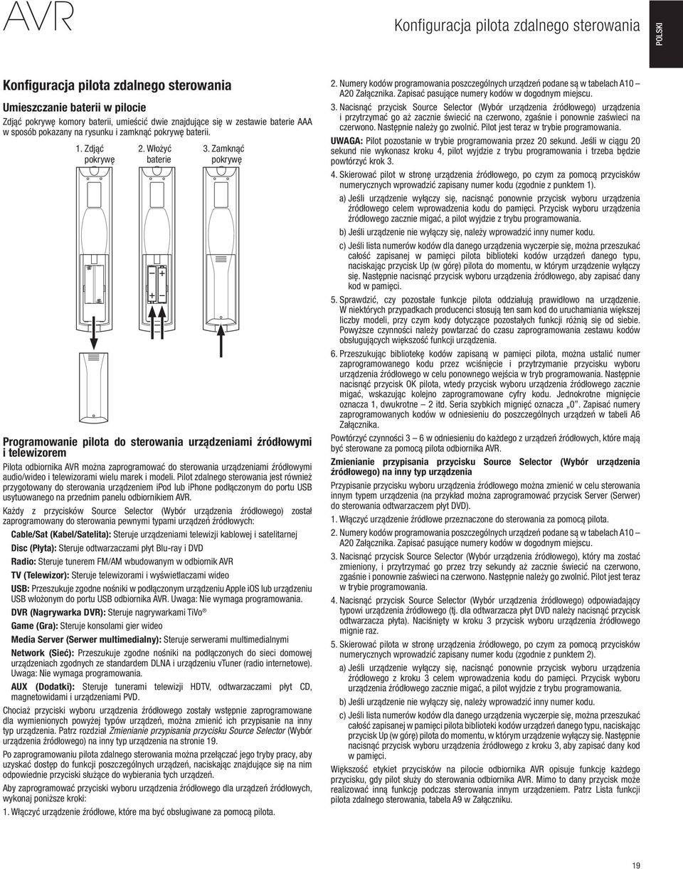 Zamknąć pokrywę Programowanie pilota do sterowania urządzeniami źródłowymi i telewizorem Pilota odbiornika AVR można zaprogramować do sterowania urządzeniami źródłowymi audio/wideo i telewizorami