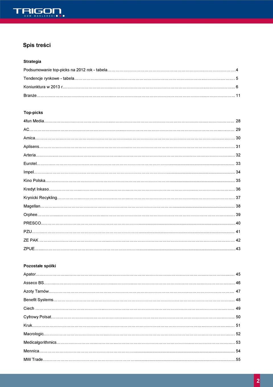 .............. 37 Magellan....... 38 Orphee............ 39 PRESCO..... 40 PZU...... 41 ZE PAK..... 42 ZPUE...... 43 Pozostałe spółki Apator............... 45 Asseco BS................ 46 Azoty Tarnów.