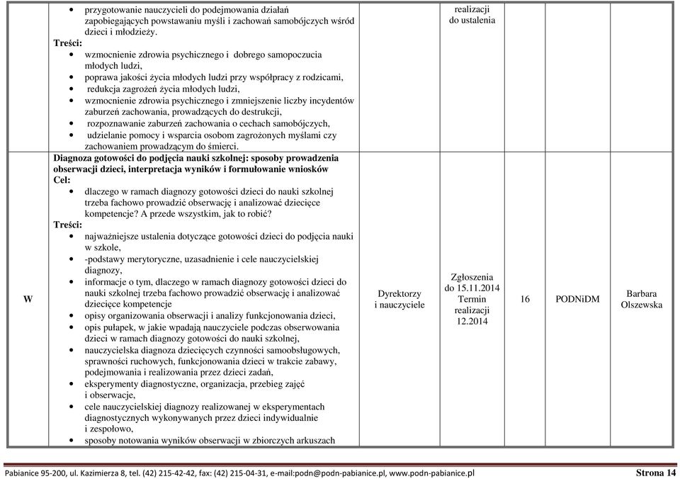 psychicznego i zmniejszenie liczby incydentów zaburzeń zachowania, prowadzących do destrukcji, rozpoznawanie zaburzeń zachowania o cechach samobójczych, udzielanie pomocy i wsparcia osobom