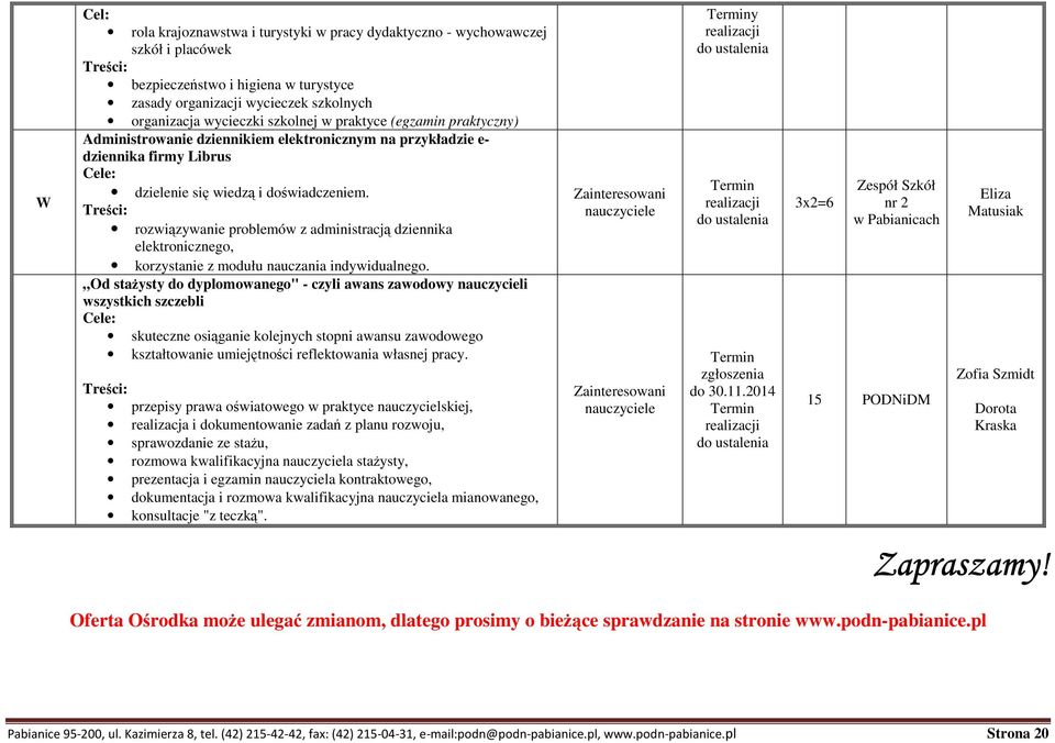 rozwiązywanie problemów z administracją dziennika elektronicznego, korzystanie z modułu nauczania indywidualnego.