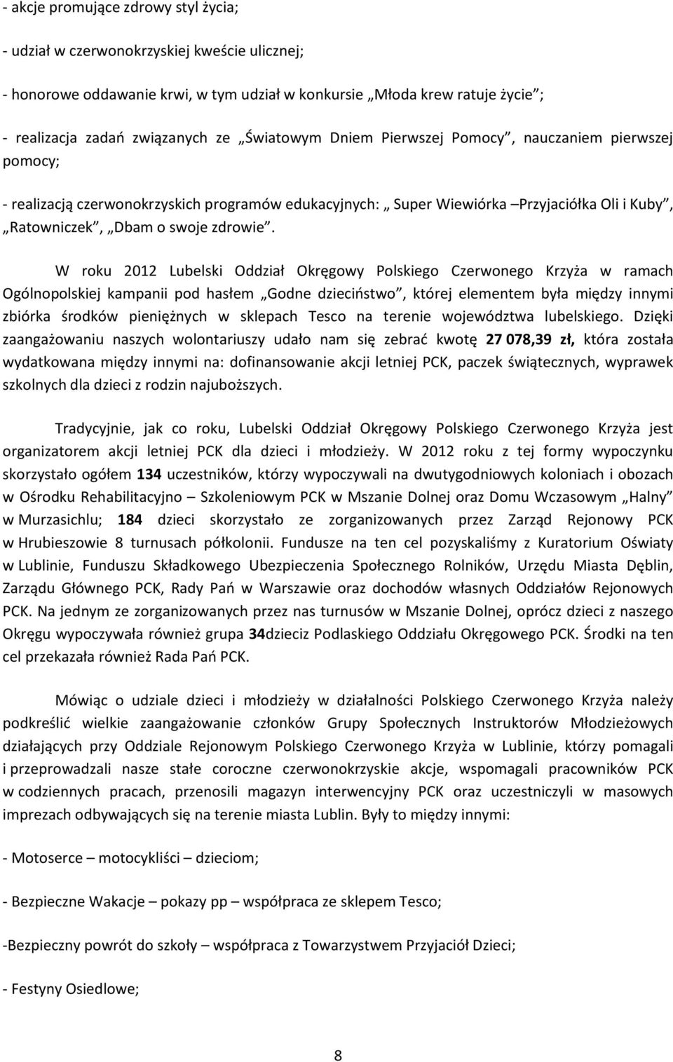 W roku 2012 Lubelski Okręgowy Polskiego Czerwonego Krzyża w ramach Ogólnopolskiej kampanii pod hasłem Godne dzieciostwo, której elementem była między innymi zbiórka środków pieniężnych w sklepach