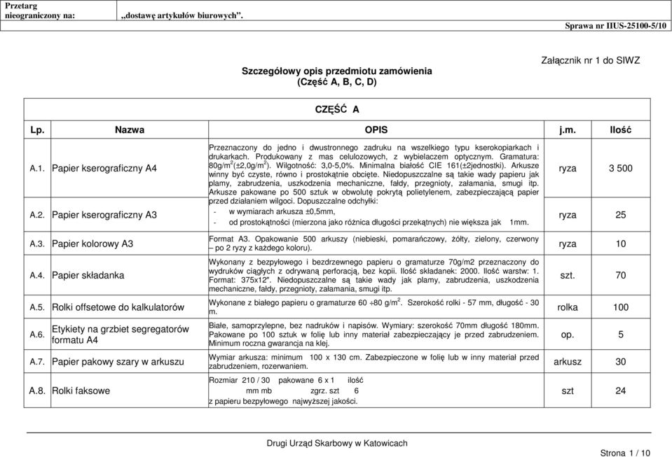 Gramatura: 80g/m 2 (±2,0g/m 2 ). Wilgotność: 3,0-5,0%. Minimalna białość CIE 161(±2jednostki). Arkusze winny być czyste, równo i prostokątnie obcięte.