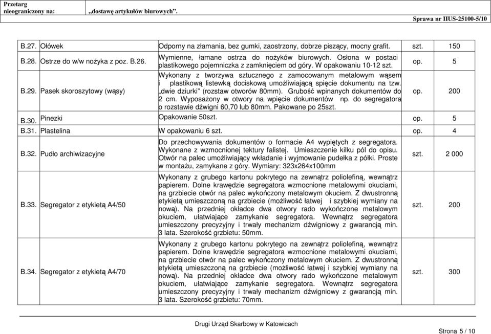 Wykonany z tworzywa sztucznego z zamocowanym metalowym wąsem i plastikową listewką dociskową umożliwiającą spięcie dokumentu na tzw. dwie dziurki (rozstaw otworów 80mm).