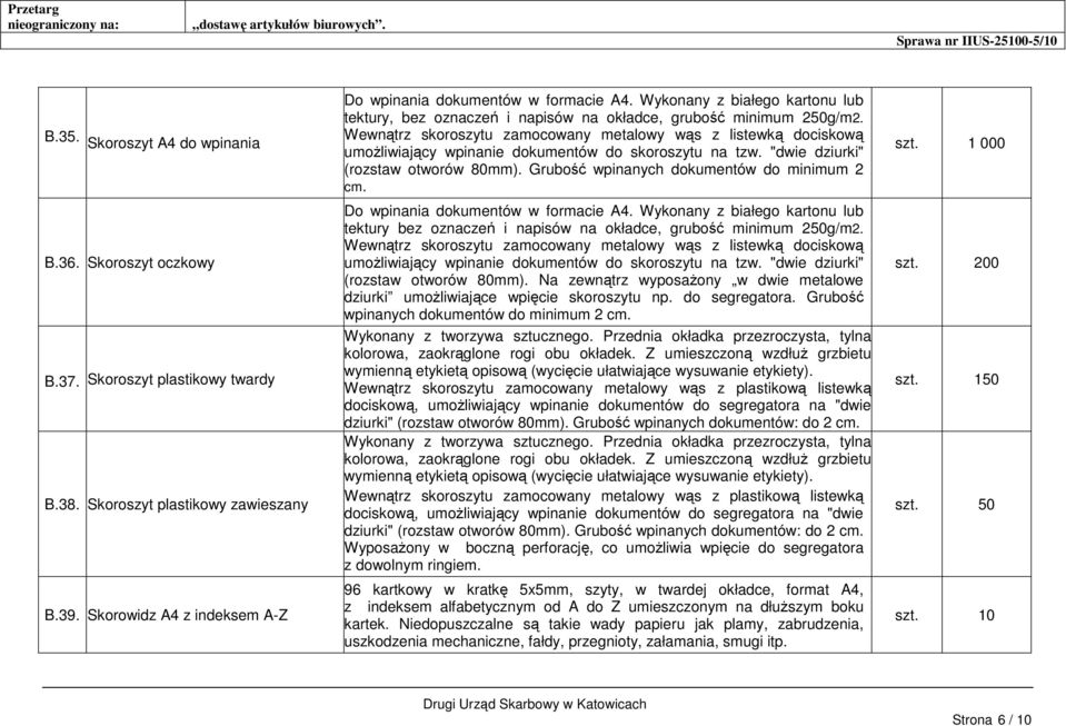 Wewnątrz skoroszytu zamocowany metalowy wąs z listewką dociskową umożliwiający wpinanie dokumentów do skoroszytu na tzw. "dwie dziurki" (rozstaw otworów 80mm).