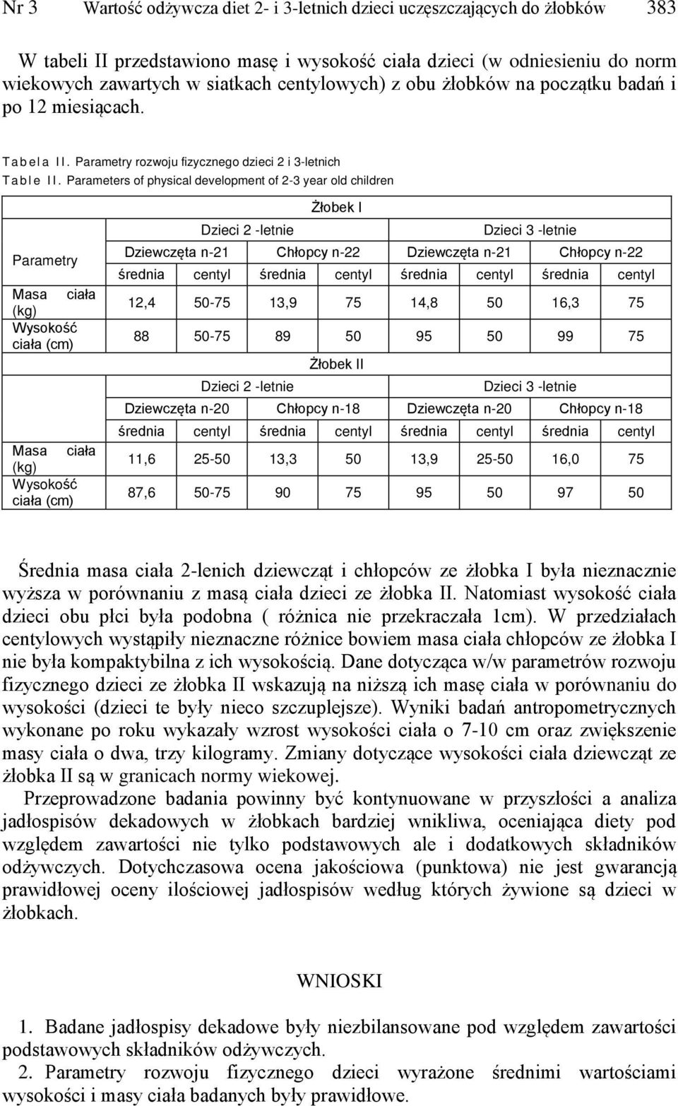 Parameters of physical development of 2-3 year old children Parametry Masa ciała (kg) Wysokość ciała (cm) Masa ciała (kg) Wysokość ciała (cm) Żłobek I Dzieci 2 -letnie Dzieci 3 -letnie Dziewczęta