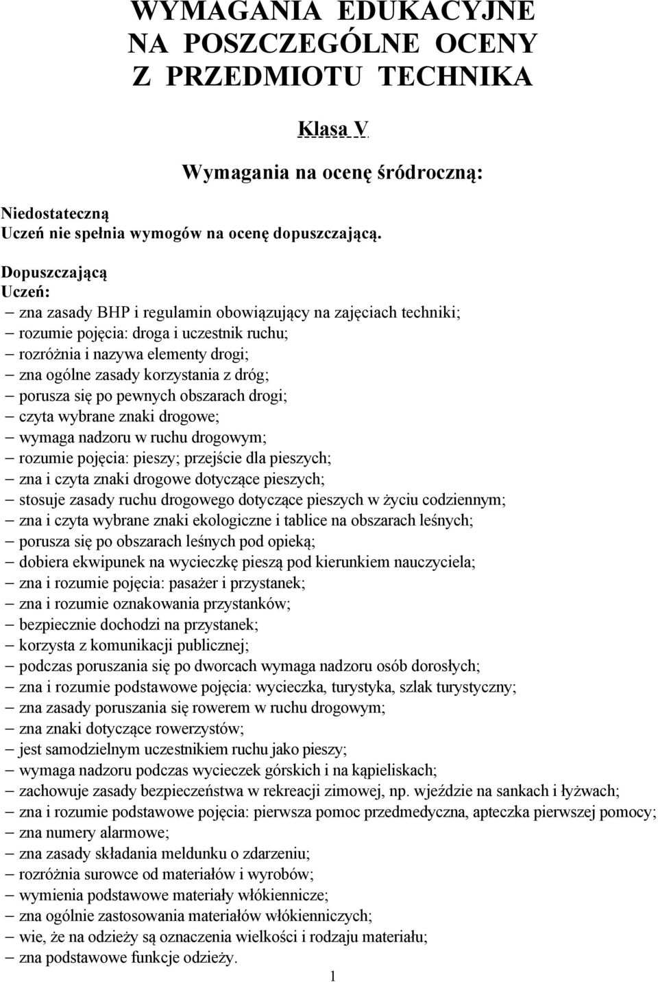 się po pewnych obszarach drogi; czyta wybrane znaki drogowe; wymaga nadzoru w ruchu drogowym; rozumie pojęcia: pieszy; przejście dla pieszych; zna i czyta znaki drogowe dotyczące pieszych; stosuje