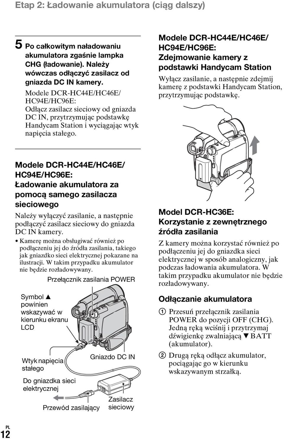 Modele DCR-HC44E/HC46E/ HC94E/HC96E: Zdejmowanie kamery z podstawki Handycam Station Wyłącz zasilanie, a następnie zdejmij kamerę z podstawki Handycam Station, przytrzymując podstawkę.