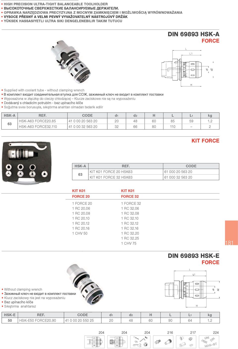 69893 HSK-A Supplied with coolant tube - without clamping wrench В комплект входит соединительная втулка для СОЖ, зажимный ключ не входит в комплект поставки Wyposa ona w z czk do cieczy ch odz cej