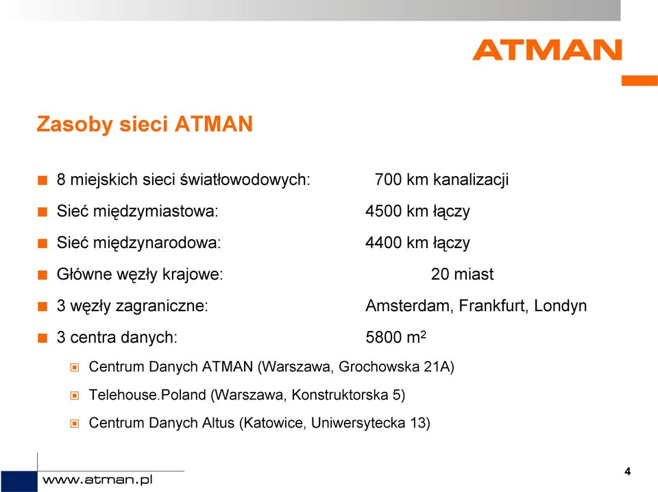 Amsterdam, Frankfurt, Londyn 3 centra danych: 5800 m 2 Centrum Danych ATMAN (Warszawa, Grochowska