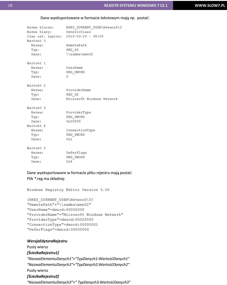 Nazwa: Typ: Dane: Wartość 5 Nazwa: Typ: Dane: ProviderName REG_SZ Microsoft Windows Network ProviderType REG_DWORD 0x20000 ConnectionType REG_DWORD 0x1 DeferFlags REG_DWORD 0x4 Dane wyeksportowane w