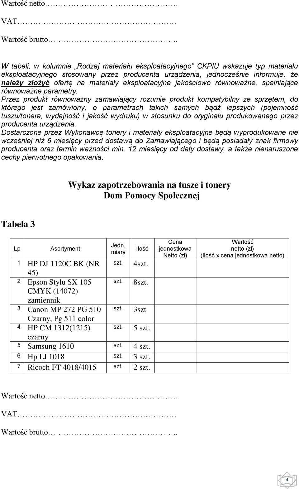 Przez produkt równoważny zamawiający rozumie produkt kompatybilny ze sprzętem, do którego jest zamówiony, o parametrach takich samych bądź lepszych (pojemność tuszu/tonera, wydajność i jakość