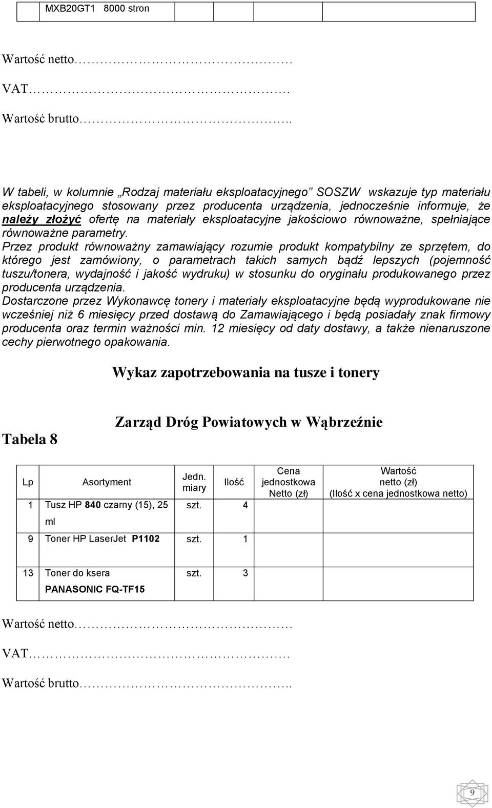 Przez produkt równoważny zamawiający rozumie produkt kompatybilny ze sprzętem, do którego jest zamówiony, o parametrach takich samych bądź lepszych (pojemność tuszu/tonera, wydajność