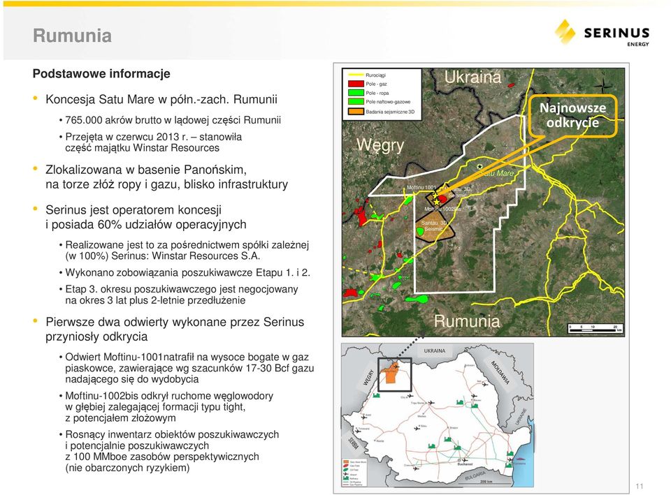 ropy i gazu, blisko infrastruktury Serinus jest operatorem koncesji i posiada 60% udziałów operacyjnych Realizowane jest to za pośrednictwem spółki zależnej (w 100%) Serinus: Winstar Resources S.A.
