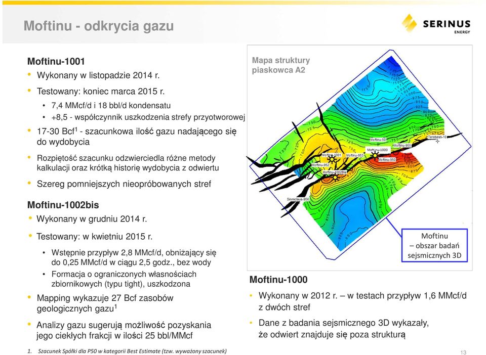 odzwierciedla różne metody kalkulacji oraz krótką historię wydobycia z odwiertu Szereg pomniejszych nieopróbowanych stref Moftinu-1002bis Wykonany w grudniu 2014 r. Testowany: w kwietniu 2015 r.