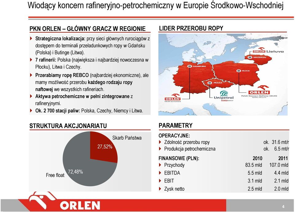 Przerabiamy ropę REBCO (najbardziej ekonomiczne), ale mamy moŝliwość przerobu kaŝdego rodzaju ropy naftowej we wszystkich rafineriach. Aktywa petrochemiczne w pełni zintegrowane z rafineryjnymi. Ok.