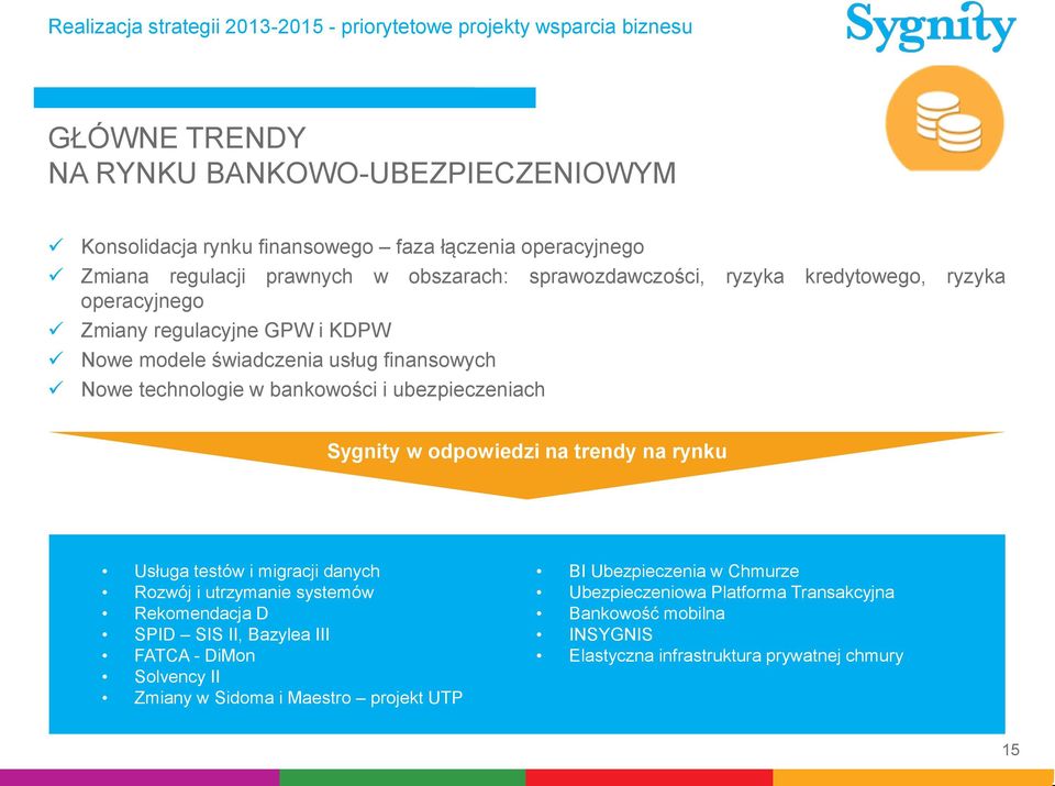 bankowości i ubezpieczeniach Sygnity w odpowiedzi na trendy na rynku Usługa testów i migracji danych Rozwój i utrzymanie systemów Rekomendacja D SPID SIS II, Bazylea III FATCA - DiMon