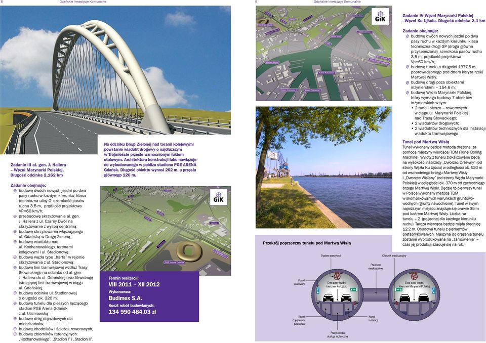 projektowa Vp=60 km/h; budowę tunelu o długości 1377,5 m, poprowadzonego pod dnem koryta rzeki Martwej Wisły; budowę drogi poza obiektami inżynierskimi 154,6 m; budowę Węzła Marynarki Polskiej, który