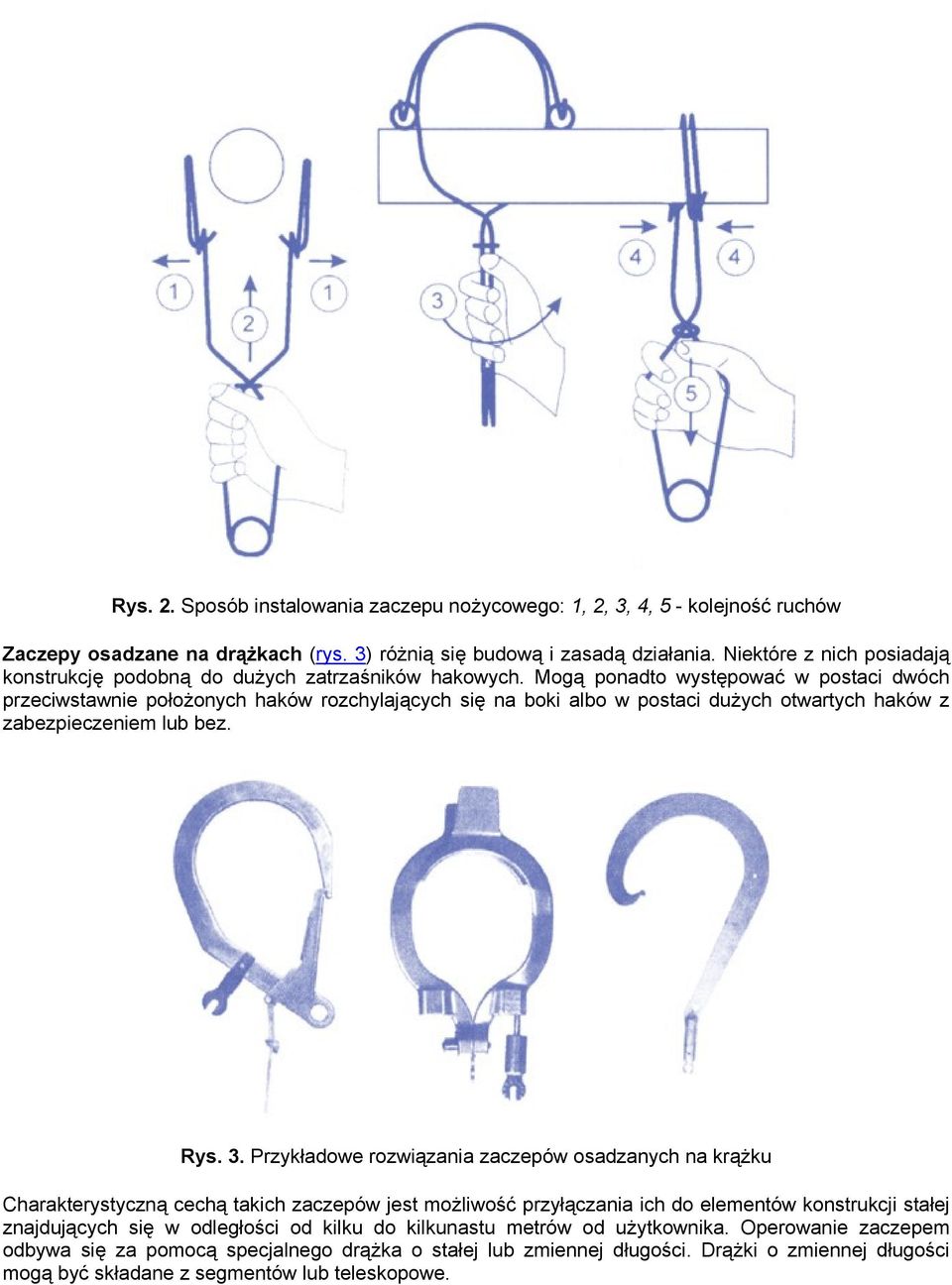 Mogą ponadto występować w postaci dwóch przeciwstawnie położonych haków rozchylających się na boki albo w postaci dużych otwartych haków z zabezpieczeniem lub bez. Rys. 3.