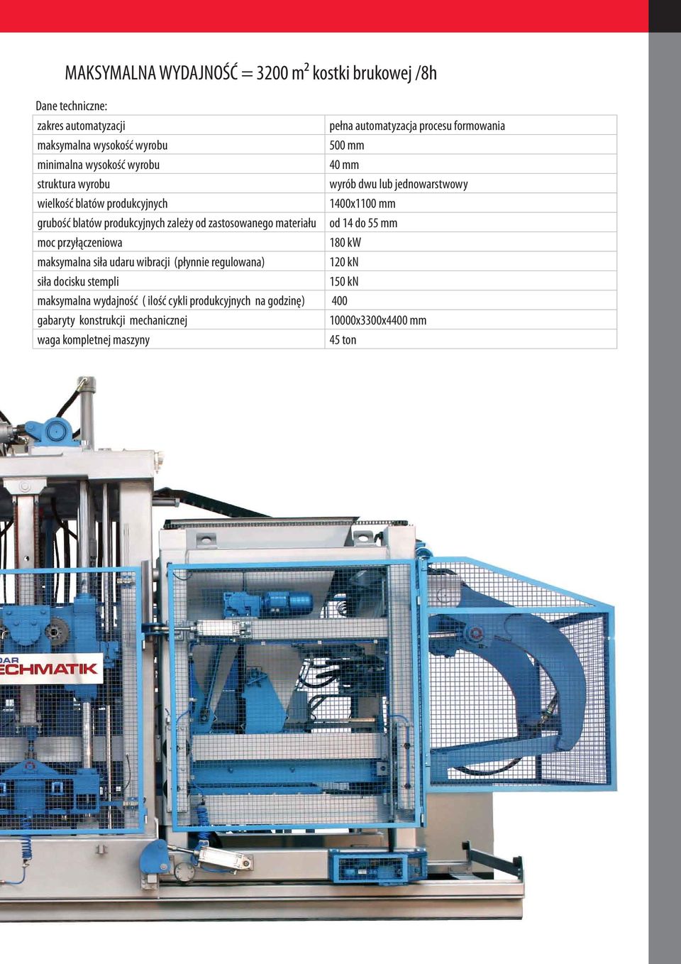 produkcyjnych zależy od zastosowanego materiału od 14 do 55 mm moc przyłączeniowa 180 kw maksymalna siła udaru wibracji (płynnie regulowana) 120 kn siła