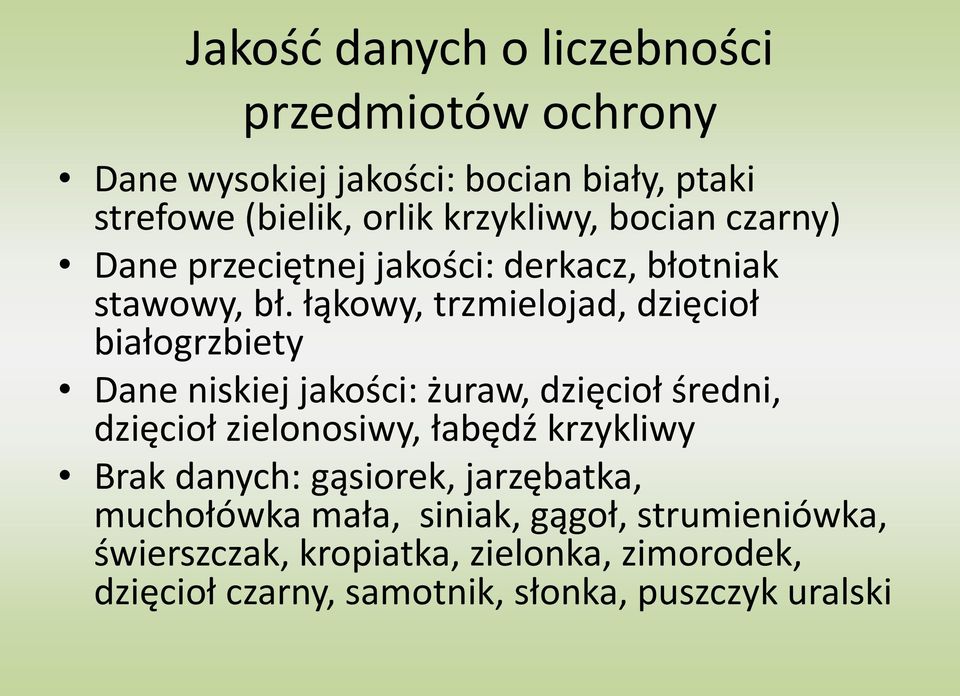 łąkowy, trzmielojad, dzięcioł białogrzbiety Dane niskiej jakości: żuraw, dzięcioł średni, dzięcioł zielonosiwy, łabędź