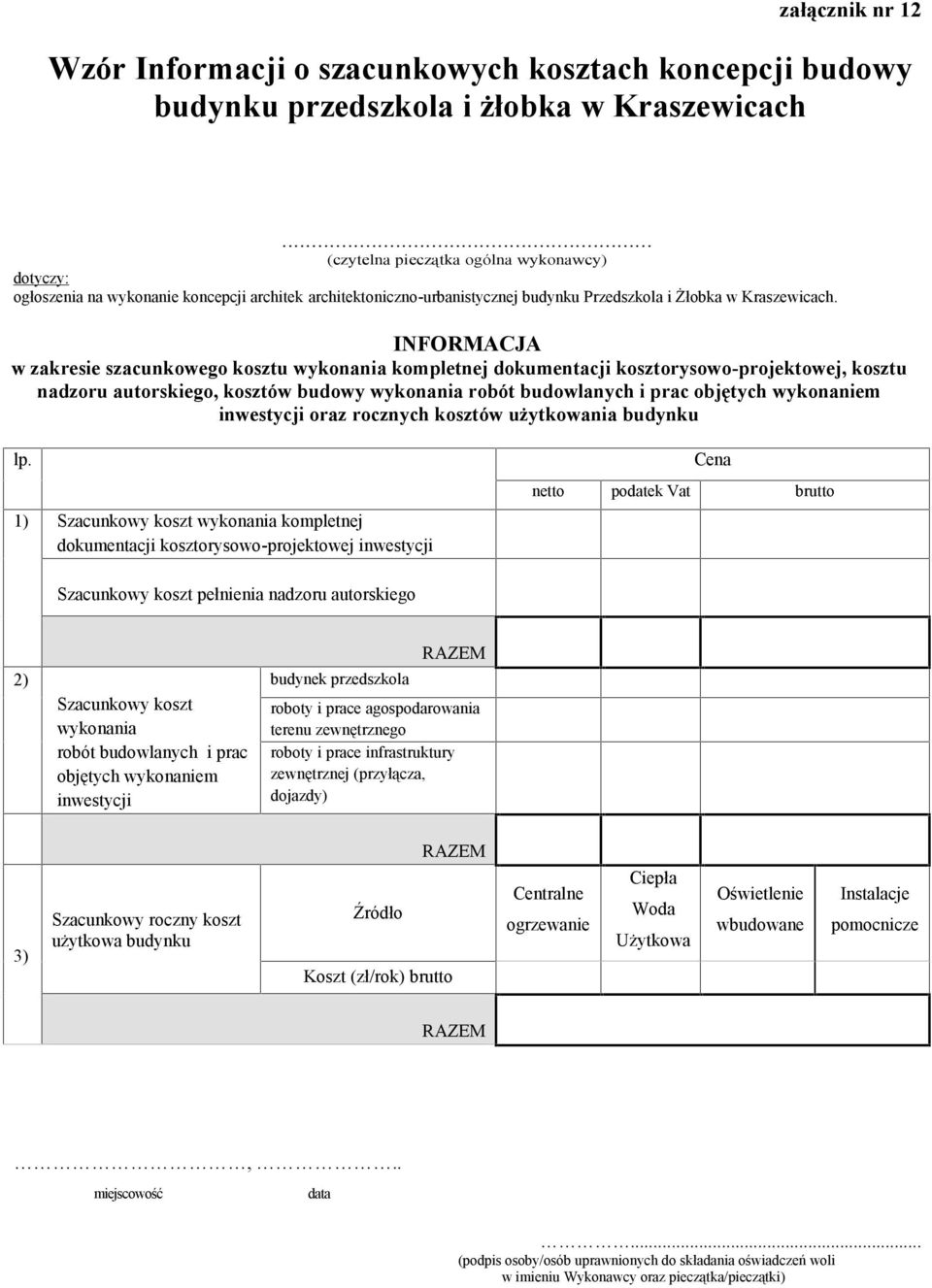 INFORMACJA w zakresie szacunkowego kosztu wykonania kompletnej dokumentacji kosztorysowo-projektowej, kosztu nadzoru autorskiego, kosztów budowy wykonania robót budowlanych i prac objętych wykonaniem