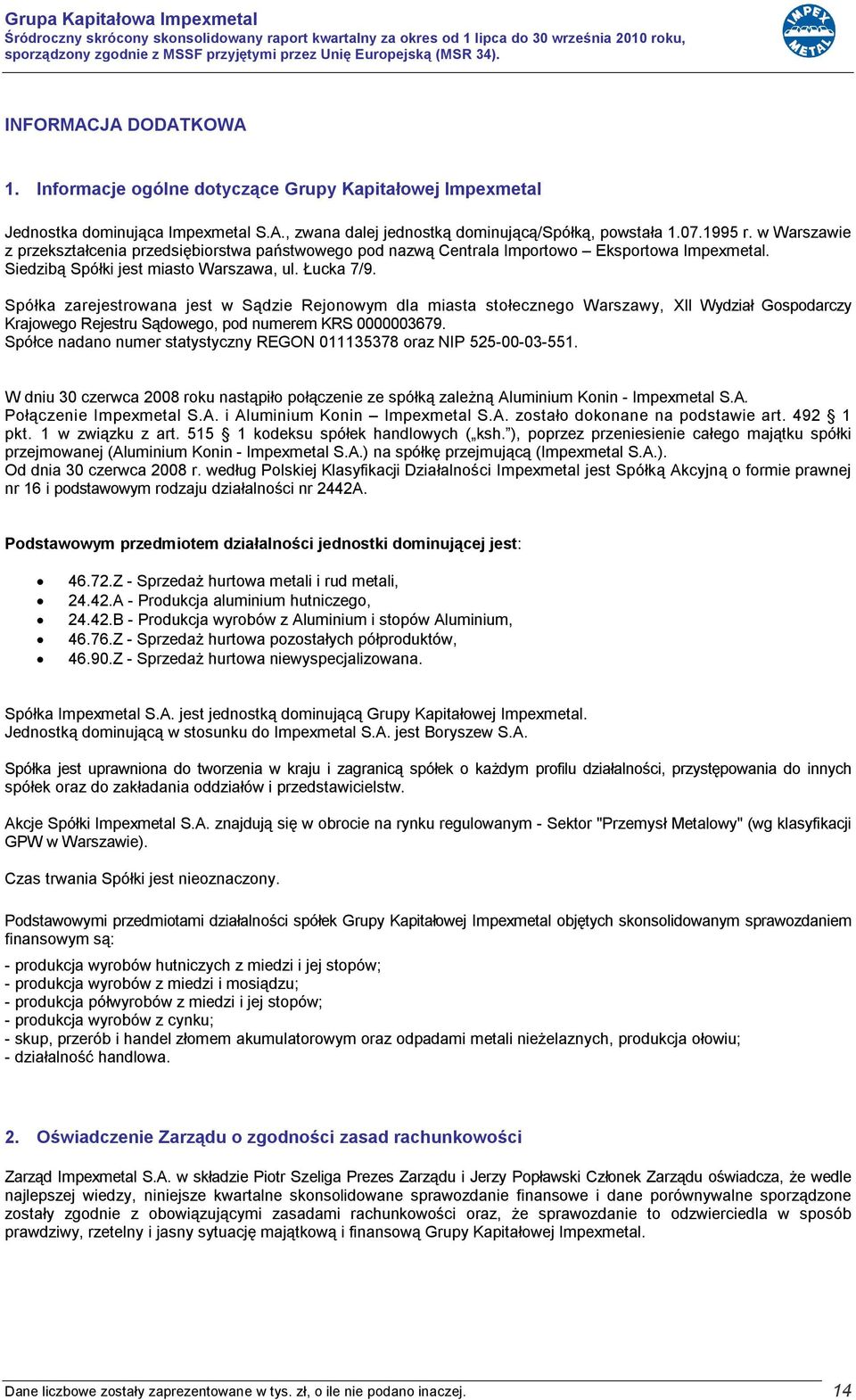 Spółka zarejestrowana jest w Sądzie Rejonowym dla miasta stołecznego Warszawy, XII Wydział Gospodarczy Krajowego Rejestru Sądowego, pod numerem KRS 0000003679.