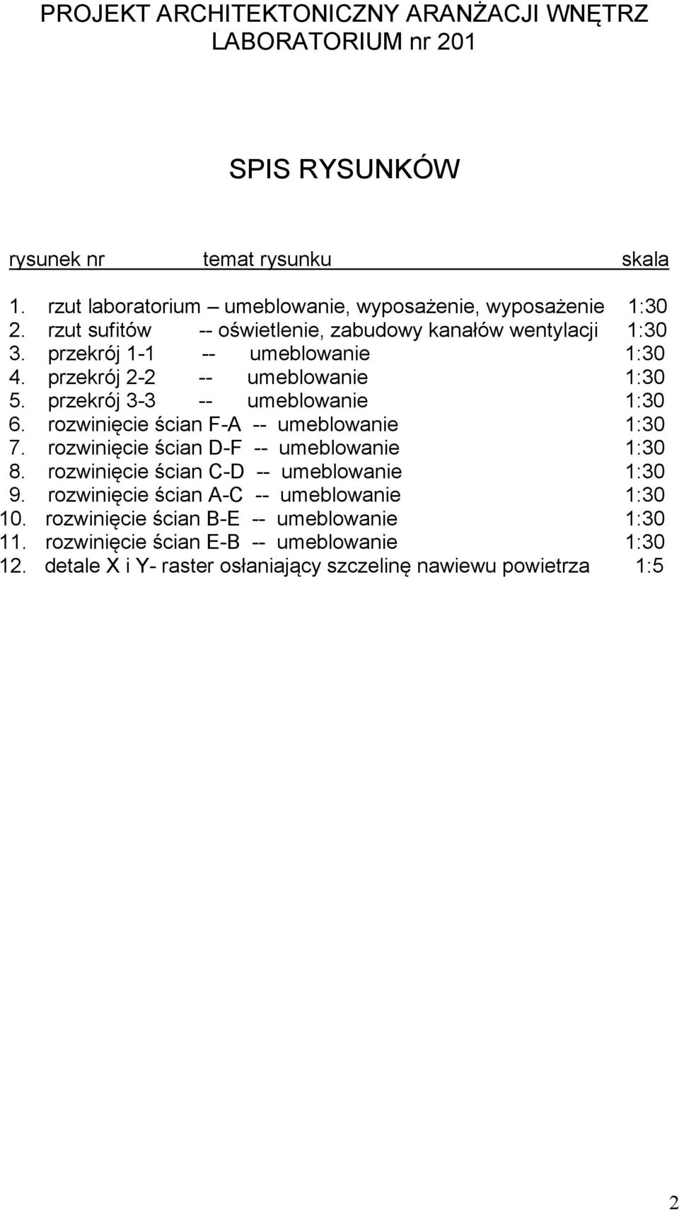 przekrój 2-2 -- umeblowanie 1:30 5. przekrój 3-3 -- umeblowanie 1:30 6. rozwinięcie ścian F-A -- umeblowanie 1:30 7. rozwinięcie ścian D-F -- umeblowanie 1:30 8.