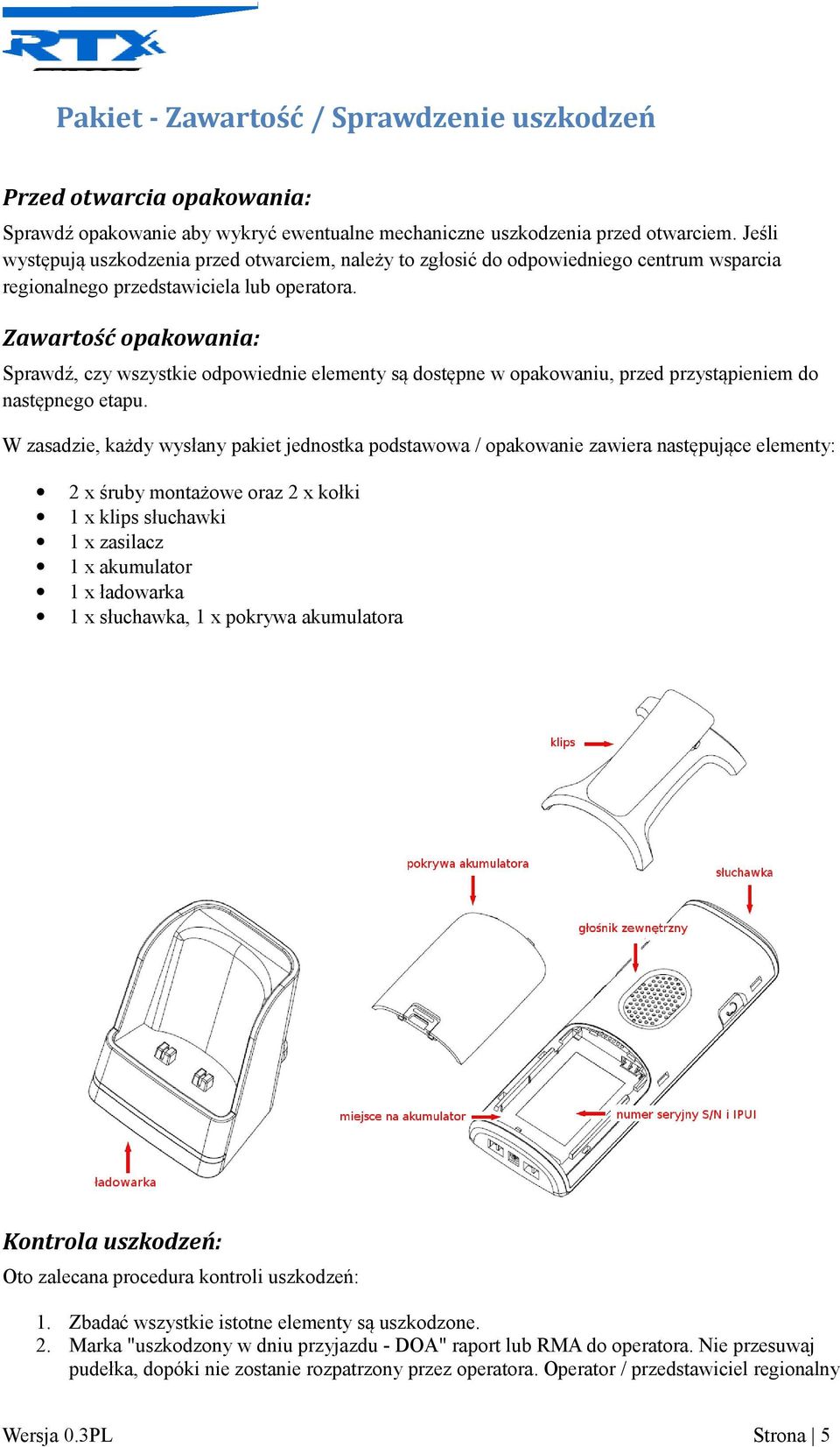 Zawartość opakowania: Sprawdź, czy wszystkie odpowiednie elementy są dostępne w opakowaniu, przed przystąpieniem do następnego etapu.