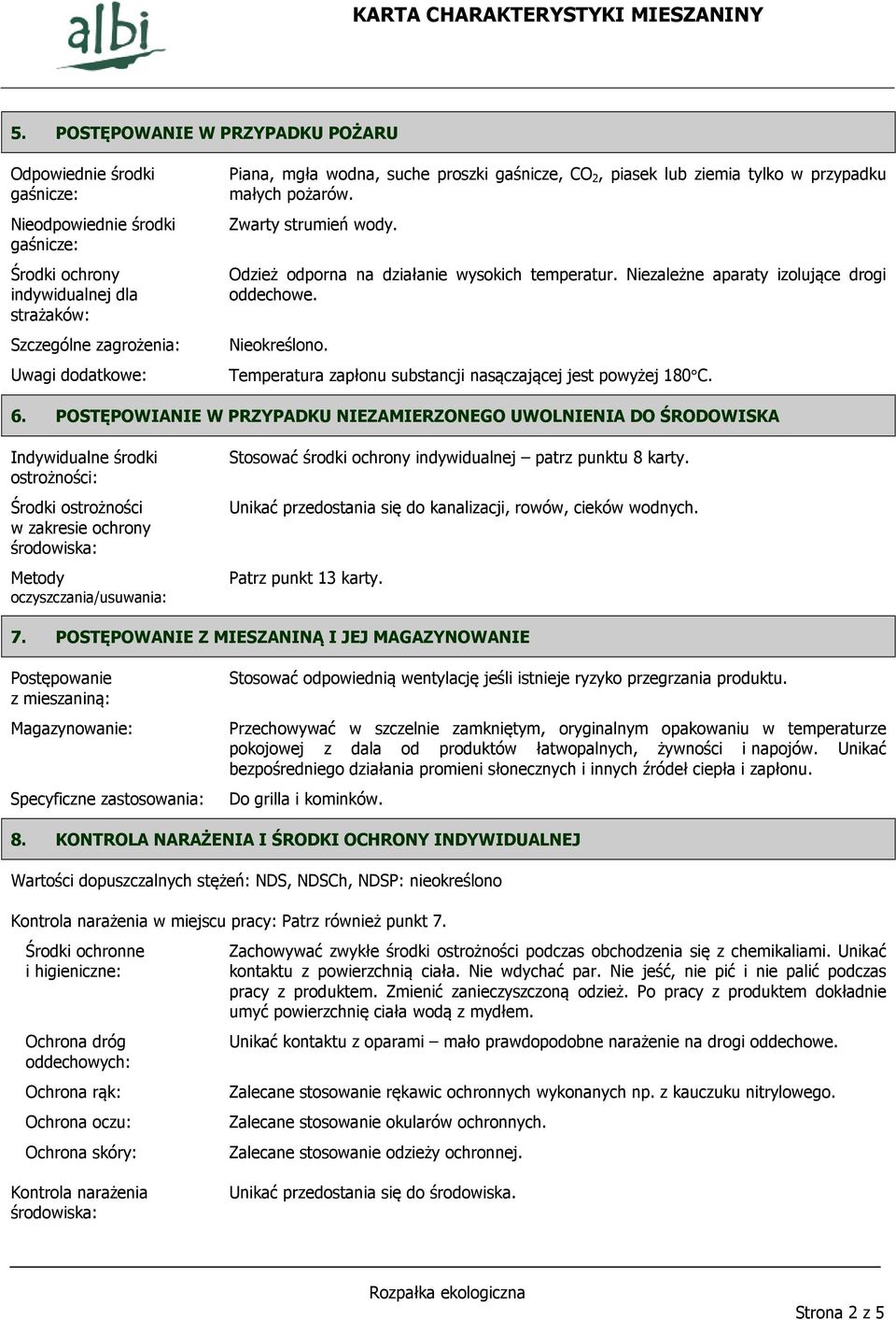 Temperatura zapłonu substancji nasączającej jest powyżej 180 C. 6.