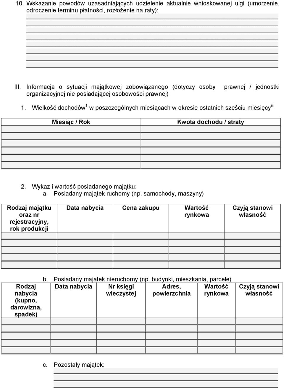 Wielkość dochodów 1 w poszczególnych miesiącach w okresie ostatnich sześciu miesięcy iii Miesiąc / Rok Kwota dochodu / straty 2. Wykaz i wartość posiadanego majątku: a.