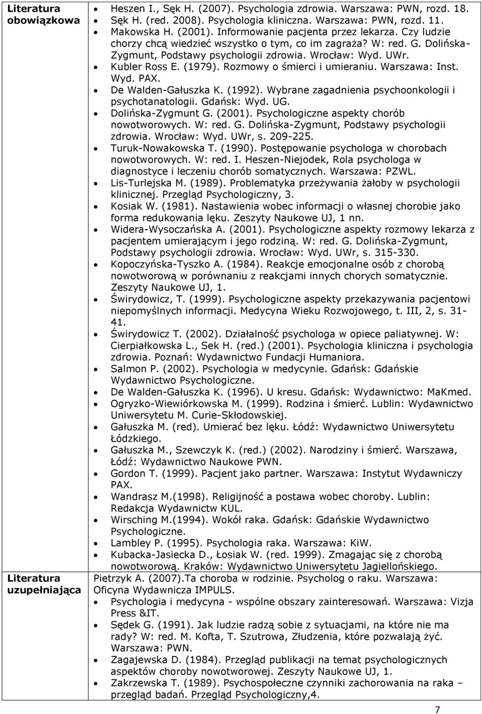 Kubler Ross E. (1979). Rozmowy o śmierci i umieraniu. Warszawa: Inst. Wyd. PAX. De Walden-Gałuszka K. (1992). Wybrane zagadnienia psychoonkologii i psychotanatologii. Gdańsk: Wyd. UG.