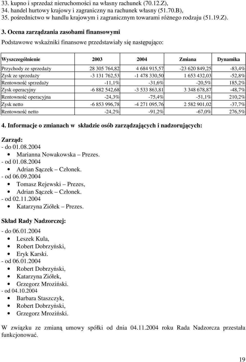 Ocena zarzdzania zasobami finansowymi Podstawowe wska niki finansowe przedstawiały si nastpujco: Wyszczególnienie 2003 2004 Zmiana Dynamika Przychody ze sprzeday 28 305 764,82 4 684 915,57-23 620