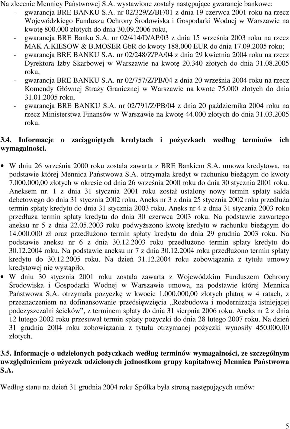 A. nr 02/248/Z/PA/04 z dnia 29 kwietnia 2004 roku na rzecz Dyrektora Izby Skarbowej w Warszawie na kwot 20.340 złotych do dnia 31.08.2005 roku, - gwarancja BRE BANKU S.A. nr 02/757/Z/PB/04 z dnia 20 wrzenia 2004 roku na rzecz Komendy Głównej Stray Granicznej w Warszawie na kwot 75.