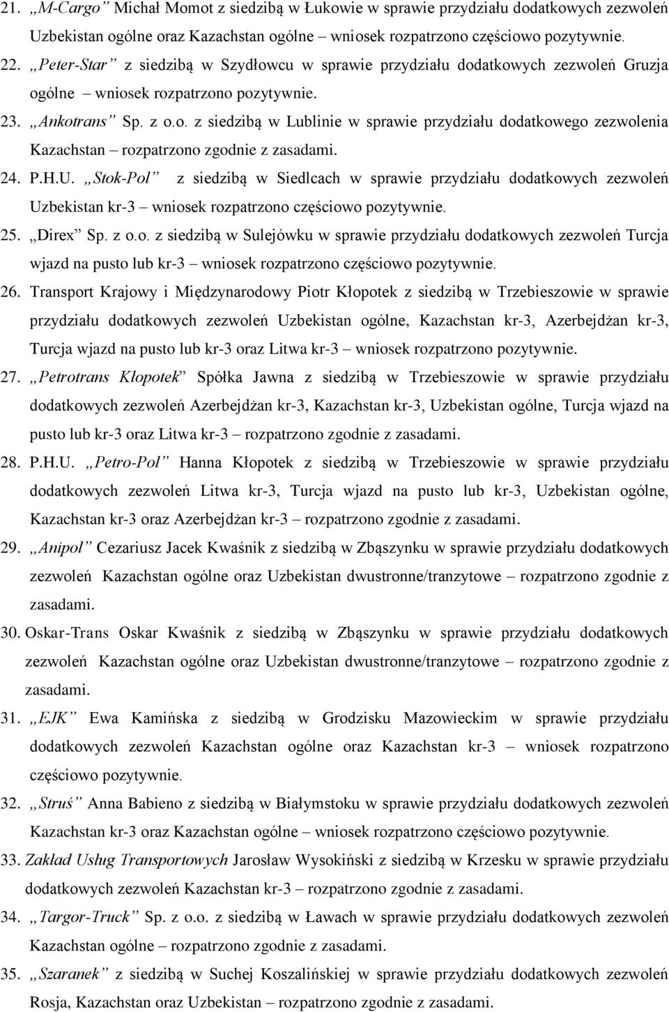 24. P.H.U. Stok-Pol z siedzibą w Siedlcach w sprawie przydziału dodatkowych zezwoleń Uzbekistan kr-3 wniosek rozpatrzono częściowo pozytywnie. 25. Direx Sp. z o.o. z siedzibą w Sulejówku w sprawie przydziału dodatkowych zezwoleń Turcja wjazd na pusto lub kr-3 wniosek rozpatrzono częściowo pozytywnie.