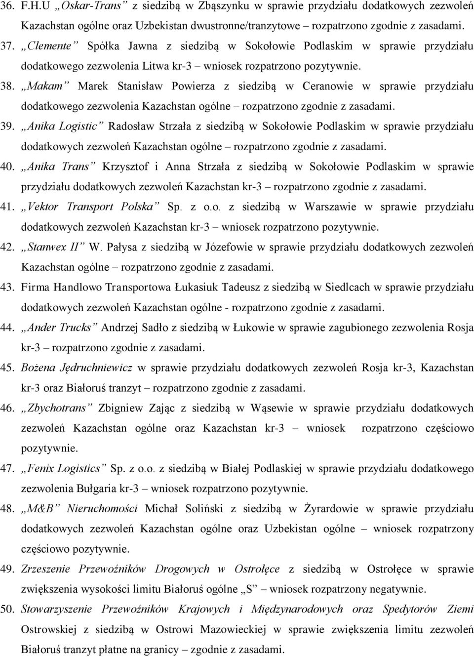 Makam Marek Stanisław Powierza z siedzibą w Ceranowie w sprawie przydziału dodatkowego zezwolenia Kazachstan ogólne rozpatrzono zgodnie z zasadami. 39.